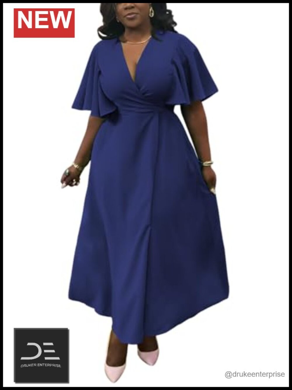 Polyester Spandex V-Neck Ruffle Sleeve Maxi Dress